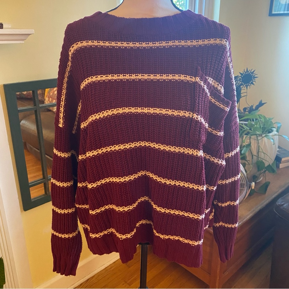 AMERICAN EAGLE knit burgundy white striped boatneck sweater w/ front pocket XL - Picture 11 of 11